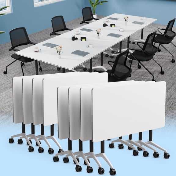 Folding Conference Room Table, Modern Mobile Training Tables with Silent Wheels, Rectangular Seminar Meeting desk for Office (White2 61.0in 8)