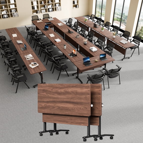Folding Conference Room Table with Wheels, Modular Flip Top Nesting Training Table with Locking Casters, Foldable Mobile Rolling Meeting Seminar Tables for Office Classroom Seminar