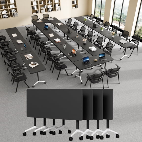 Folding Conference Room Table with Wheels, Modular Flip Top Nesting Training Table with Locking Casters, Foldable Mobile Rolling Meeting Seminar Tables for Office Classroom Seminar