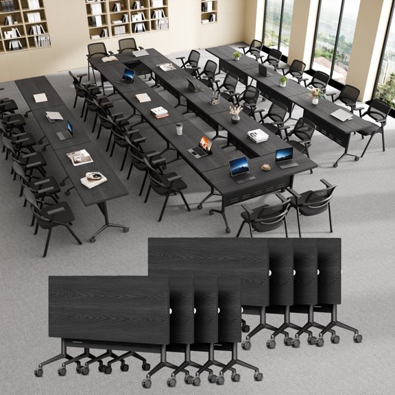 Folding Conference Room Table with Wheels, Modular Flip Top Nesting Training Table with Locking Casters, Foldable Mobile Rolling Meeting Seminar Tables for Office Classroom Seminar