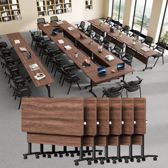 Folding Conference Room Table with Wheels, Modular Flip Top Nesting Training Table with Locking Casters, Foldable Mobile Rolling Meeting Seminar Tables for Office Classroom Seminar