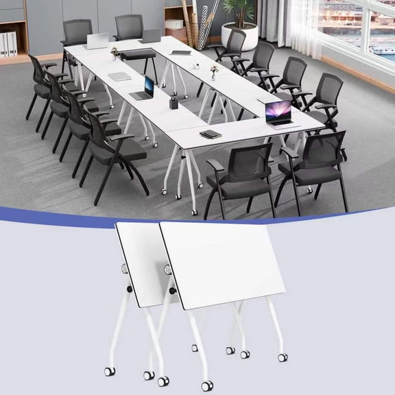 Folding Conference Room Table on Wheels, Modern Mobile Training Tables for 2-12 Person, Space Saving Modular Office Meeting Desk (2 White 55.1in)