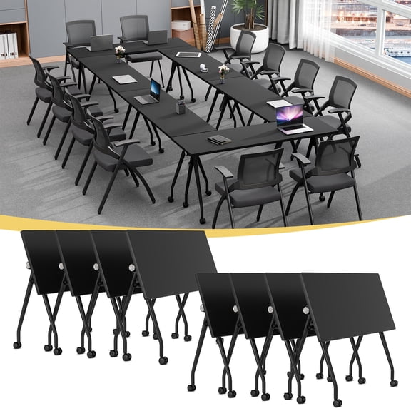 Folding Conference Room Table on Wheels, Modern Mobile Training Tables for 2-12 Person, Space Saving Modular Office Meeting Desk (8 Black 61.0in)