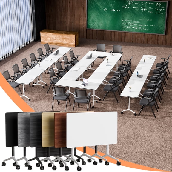 Folding Conference Room Table on Wheels, Modern Training Tables for Office Meeting Conference Room,White 2PCS 55IN