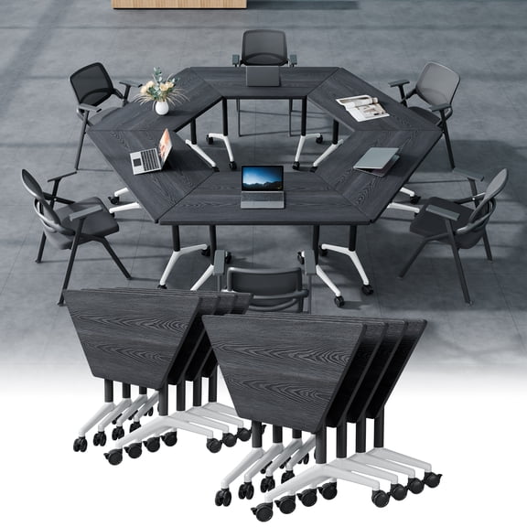 Folding Conference Room Table with Lockable Wheels, Modern Mobile Space Saving Trapezoidal Meeting Training Desk for Office Seminar (Black 8)