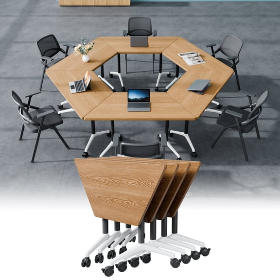 Folding Conference Room Table with Lockable Wheels, Modern Mobile Space Saving Trapezoidal Meeting Training Desk for Office Seminar (Oak 4)