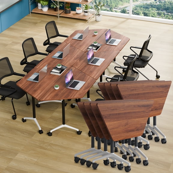Folding Conference Room Table with Lockable Wheels, Modern Mobile Space Saving Trapezoidal Meeting Training Desk for Office Seminar (Walnut 8)