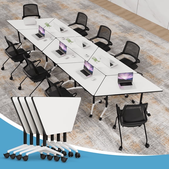 Folding Conference Room Table with Lockable Wheels, Modern Mobile Space Saving Trapezoidal Meeting Training Desk for Office Seminar (White 4)