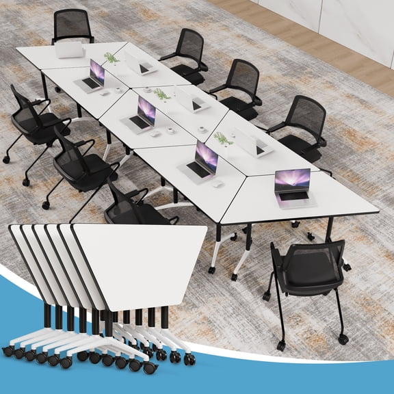 Folding Conference Room Table with Lockable Wheels, Modern Mobile Space Saving Trapezoidal Meeting Training Desk for Office Seminar (White 6)