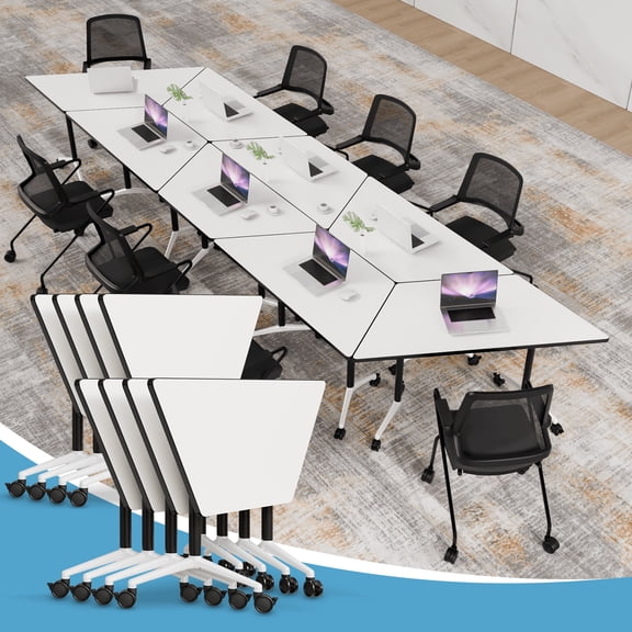 Folding Conference Room Table with Lockable Wheels, Modern Mobile Space Saving Trapezoidal Meeting Training Desk for Office Seminar (White 8)