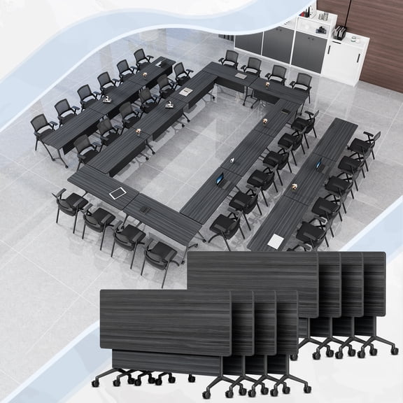 Folding Conference Room Table with Wheels, 2-16 Person Modular Mobile Flip-Top Training Tables, Space Saving Meeting Desk for Office (61 Ebony 8)