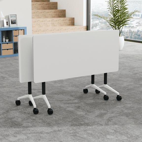 Folding Conference Room Table with Wheels 55.1in 2PCS, Mobile Training Tables White Heavy Duty