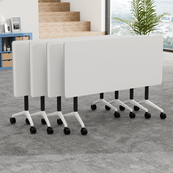 Folding Conference Room Table with Wheels 55.1in 4PCS, Mobile Training Tables White Heavy Duty