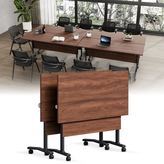 Folding Conference Room Table with Wheels, Modern Mobile Flip Top Training Meeting Table for 6-12 People Office Classroom (2PCS 61in)