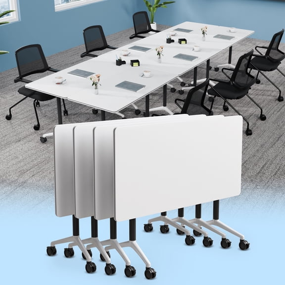 Folding Conference Room Table, Modern Mobile Training Tables with Silent Wheels, Rectangular Seminar Meeting desk for Office (White2 61.0in 4)