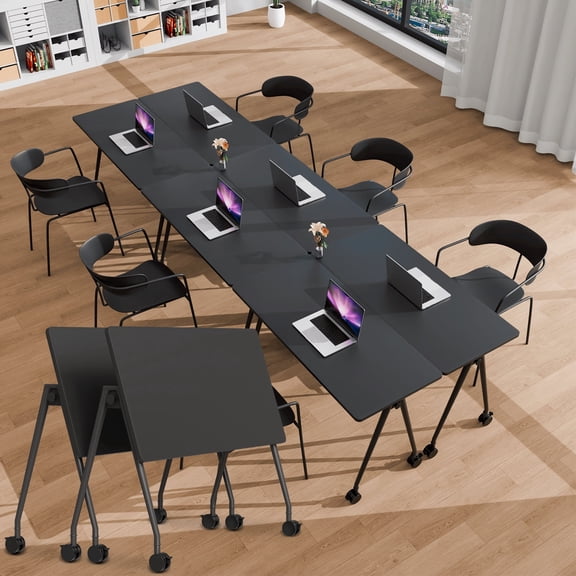 Folding Conference Room Table, Foldable Conference Tables with Silent Wheels, Modern Mobile Space Saving Training Table for Office (70.8in 2 Black2)