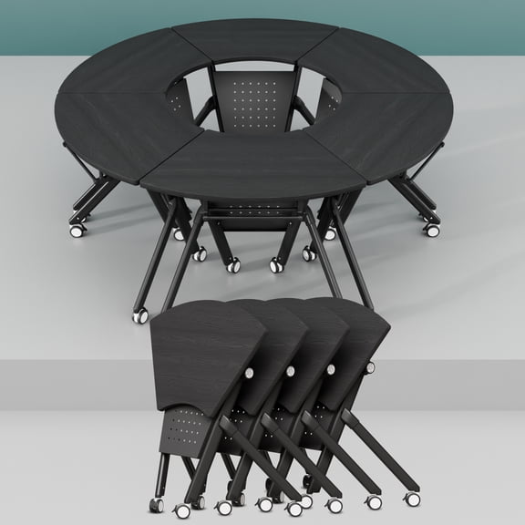 Folding Conference Table Foldable Conference Room Tables, Modern Mobile Fan Shaped Training Table with Silent Wheels for Office (Black 35.4in 4)