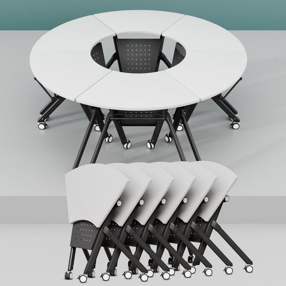 Folding Conference Table Foldable Conference Room Tables, Modern Mobile Fan Shaped Training Table with Silent Wheels for Office (White 35.4in 6)