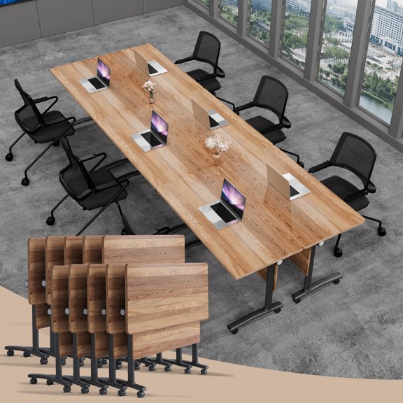 Folding Conference Room Tables with Silent Wheels, 6-12 Person Modern Foldable Modular Meeting Training desk for Office Seminar Boardroom (47.2 Walnut2 10)