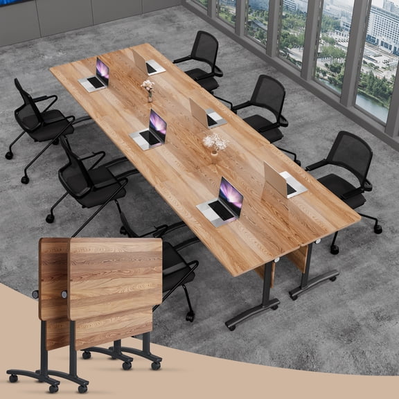 Folding Conference Room Tables with Silent Wheels, 6-12 Person Modern Foldable Modular Meeting Training desk for Office Seminar Boardroom (47.2 Walnut2 2)
