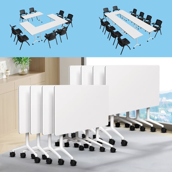 Folding Conference Room Tables with Silent Wheels, 6-12 Person Modern Foldable Modular Meeting Training desk for Office Seminar Boardroom (47.2 White 8)
