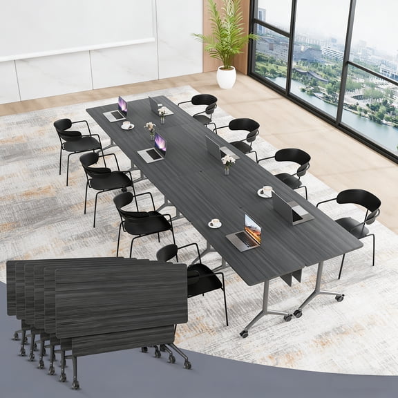 Folding Conference Room Tables with Silent Wheels, 6-12 Person Modern Foldable Modular Meeting Training desk for Office Seminar Boardroom (61 Ebony 6)