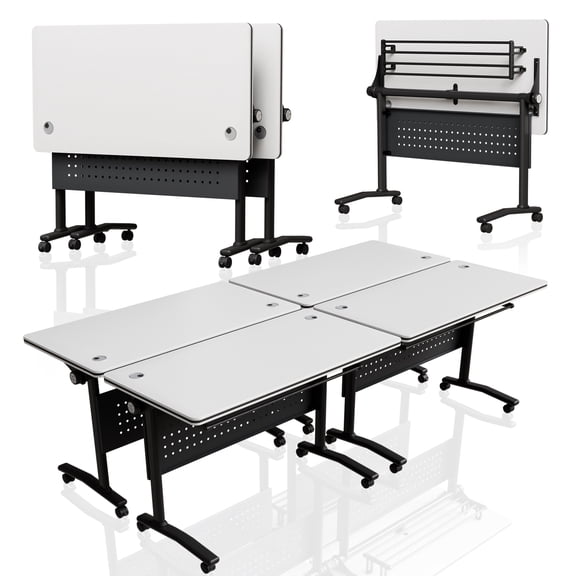 Folding Conference Room Tables with Wheels Set of 8, Modern Large Modular Conference Table System, Flip Top Mobile Training Room Meeting Tables for Office Classroom, White Cable Hole, 47.2 in