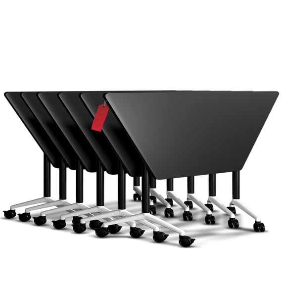 Folding Conference Table, 47.2In Conference Room Table with Silent Wheels, Trapezoidal Modular Flip Top Mobile Training Table for Office Classroom Meeting Seminar Table (Black 6 Pack)