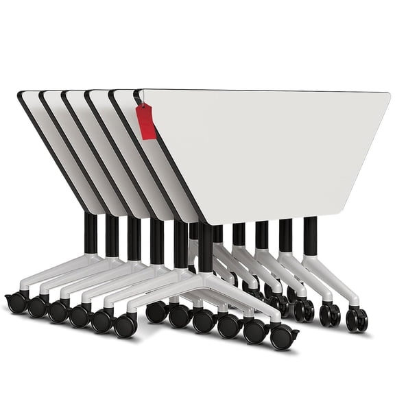 Folding Conference Table, 47.2In Conference Room Table with Silent Wheels, Trapezoidal Modular Flip Top Mobile Training Table for Office Classroom Meeting Seminar Table (White 6 Pack)