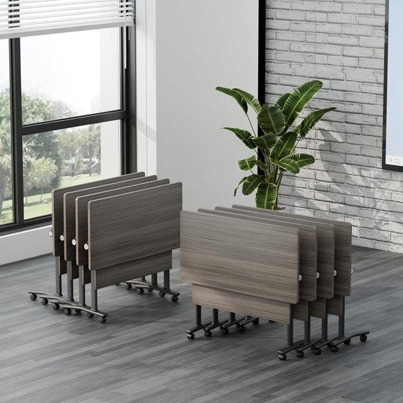 Folding Conference Table with Flip Top,Mobile Nesting Training Desk,Modular Seminar Table with Wheels for Office Classroom Meeting Room(GrayWoodGrain, 48in, 8)