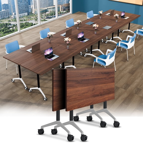 Folding Conference Table Foldable Conference Room Tables, Modern Mobile Modular Training Desk with Silent Wheels for Office (Walnut 55.1in 2)