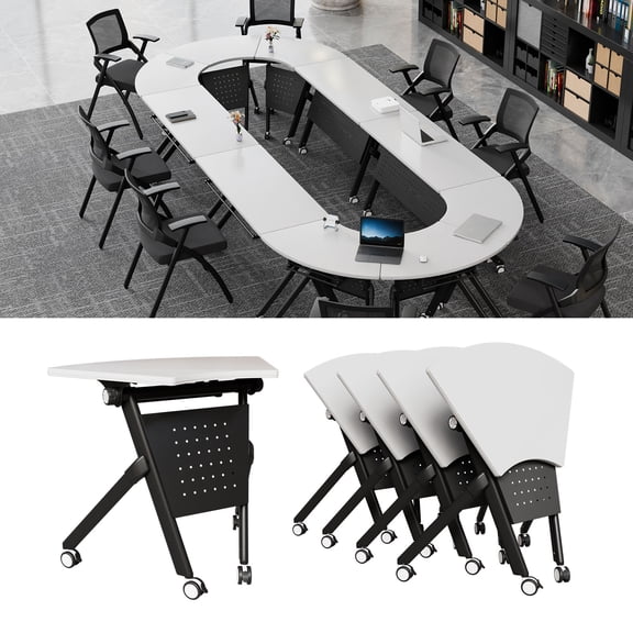 Folding Conference Table Foldable Conference Room Tables,Modular Fan Shaped/RectangleTraining Table with Silent Wheels,Mobile Modular Nesting Seminar Meeting Tables for Office (White A,4,35.4)