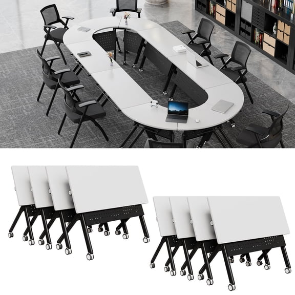 Folding Conference Table Foldable Conference Room Tables,Modular Fan Shaped/RectangleTraining Table with Silent Wheels,Mobile Modular Nesting Seminar Meeting Tables for Office (Walnut B,8,63)