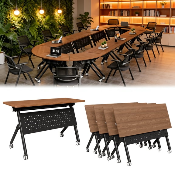 Folding Conference Table Foldable Conference Room Tables,Modular Fan Shaped/RectangleTraining Table with Silent Wheels,Mobile Modular Nesting Seminar Meeting Tables for Office (Black A,4,35.4)