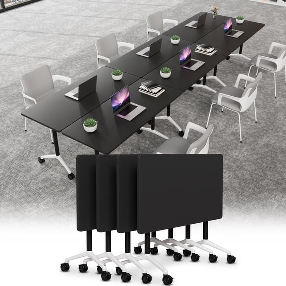 Folding Conference Table Black Foldable Conference Room Tables for 6-12 Person, Modern Modular Office Training Desk with Wheels (47.2in 4)
