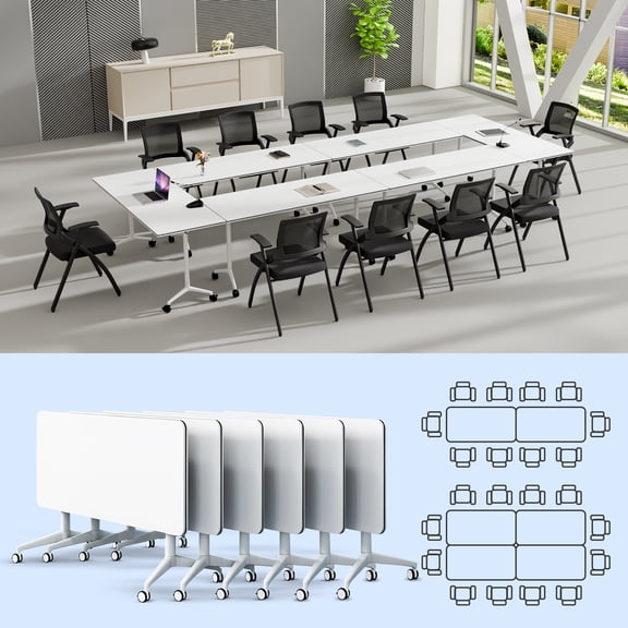 Folding Conference Table Foldable Conference Room Tables for 6-12 Person, Modern Modular Training Table with Wheels for Office