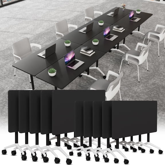 Folding Conference Table Black Foldable Conference Room Tables for 6-12 Person, Modern Modular Office Training Desk with Wheels (55.1in 10)