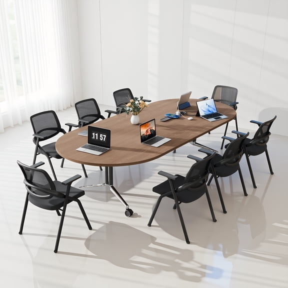 Folding Conference Table,Mobile Conference Room Table with Power Outlet,Oval Meeting Seminar Table for Office(Walnut,94.5"Lx47.2"Wx29.5"H)