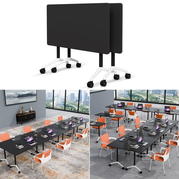 Folding Conference Table Modern Large Mobile Meeting Table Rolling Conference Room Tables with Wheels Seminar Tables for Office Training Classroom (2, Black, 47.2" D X 23.6" W X 29.5" H)