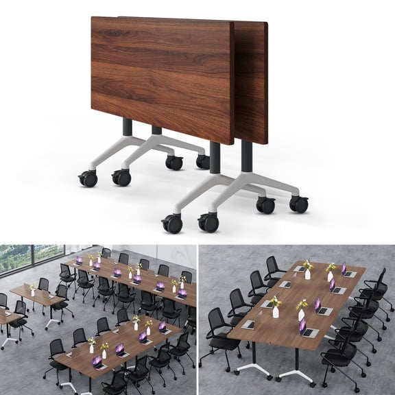 Folding Conference Table Modern Large Mobile Meeting Table Rolling Conference Room Tables with Wheels Seminar Tables for Office Training Classroom (2, Walnut, 47.2" D X 23.6" W X 29.5" H)