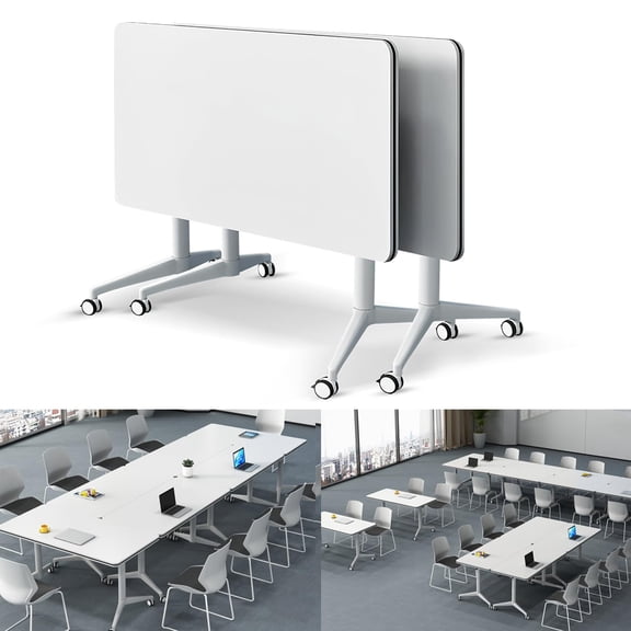 Folding Conference Table Modern Large Mobile Meeting Table Rolling Conference Room Tables with Wheels Seminar Tables for Office Training Classroom (2, White, 55" D X 23.6" W X 29.5" H)