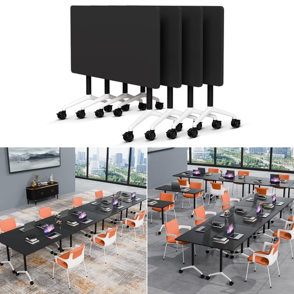 Folding Conference Table Modern Large Mobile Meeting Table Rolling Conference Room Tables with Wheels Seminar Tables for Office Training Classroom (4, Black, 55" D X 23.6" W X 29.5" H)