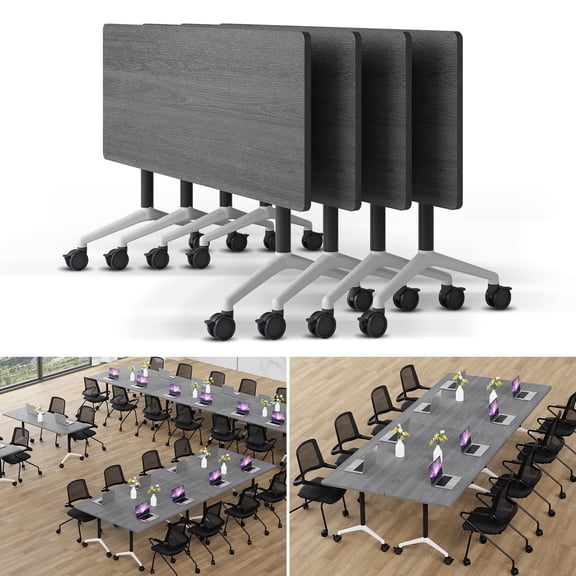 Folding Conference Table Modern Large Mobile Meeting Table Rolling Conference Room Tables with Wheels Seminar Tables for Office Training Classroom (4, Oak Grey, 55" D X 23.6" W X 29.5" H)
