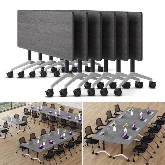 Folding Conference Table Modern Large Mobile Meeting Table Rolling Conference Room Tables with Wheels Seminar Tables for Office Training Classroom (6, Oak Grey, 55" D X 23.6" W X 29.5" H)