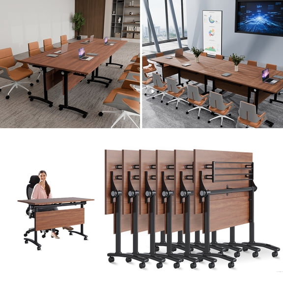 Folding Conference Table, Modular Conference Room Tables Modern Flip Top Rolling Meeting Table Seminar Training Room Tables for Office Trapezoid(47inWalnut 6)