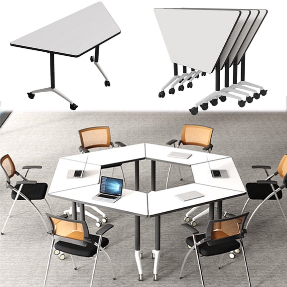 Folding Conference Table, Modular Conference Room Tables Modern Flip Top Rolling Meeting Table Seminar Training Room Tables for Office Trapezoid(47inWhite 6)