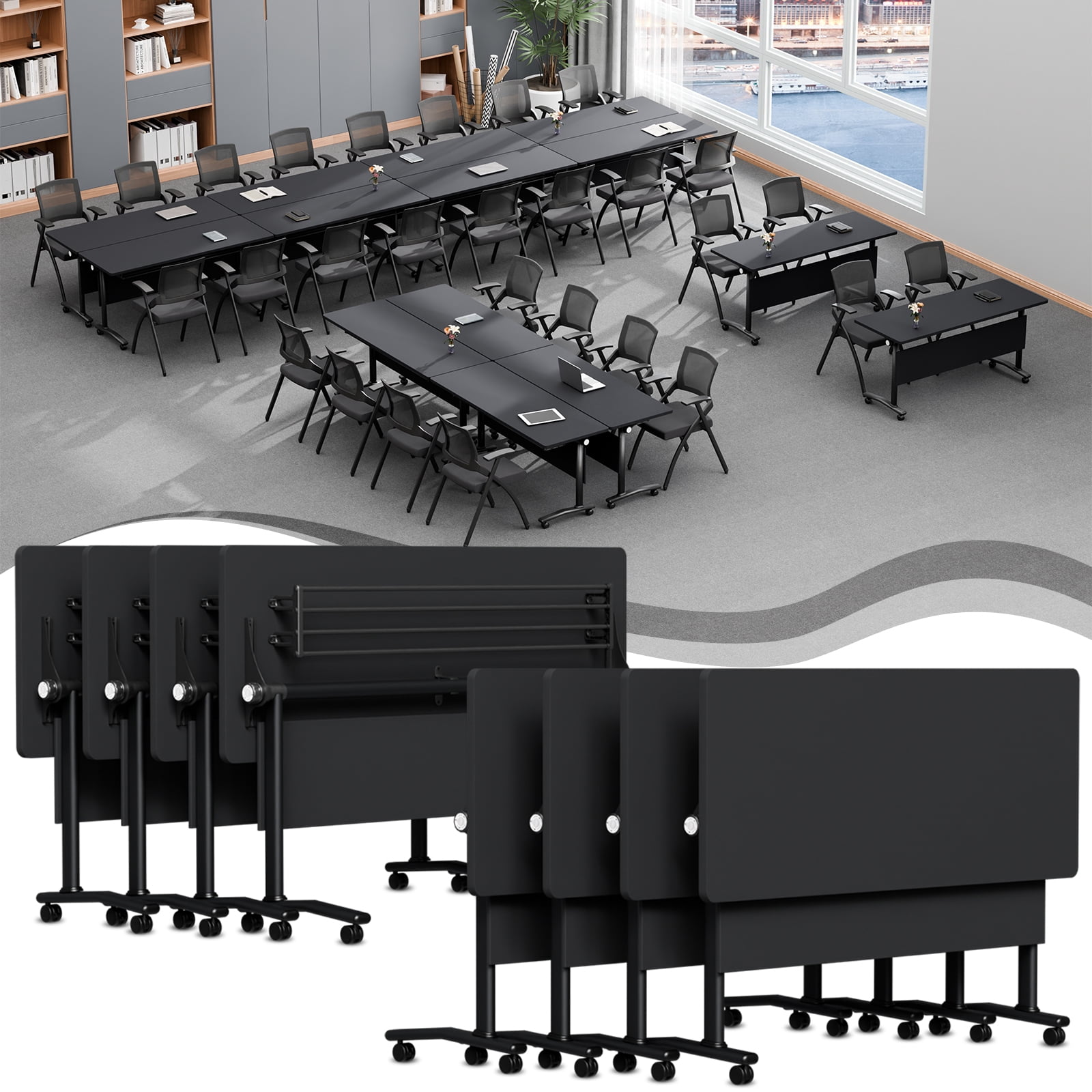 Folding Conference Table with Silent Wheels, Modern Mobile Modular Flip ...