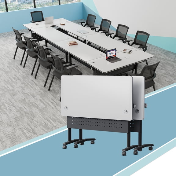Folding Conference Table on Wheels & 2 Cable Grommets,Modular Flip Top Meeting Table,Rolling Training Table for Office(2,White,61" D X 19.6" W X 29.5" H)