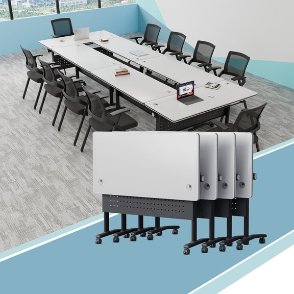 Folding Conference Table on Wheels & 2 Cable Grommets,Modular Flip Top Meeting Table,Rolling Training Table for Office(4,White,47.2" D X 23.6" W X 29.5" H)