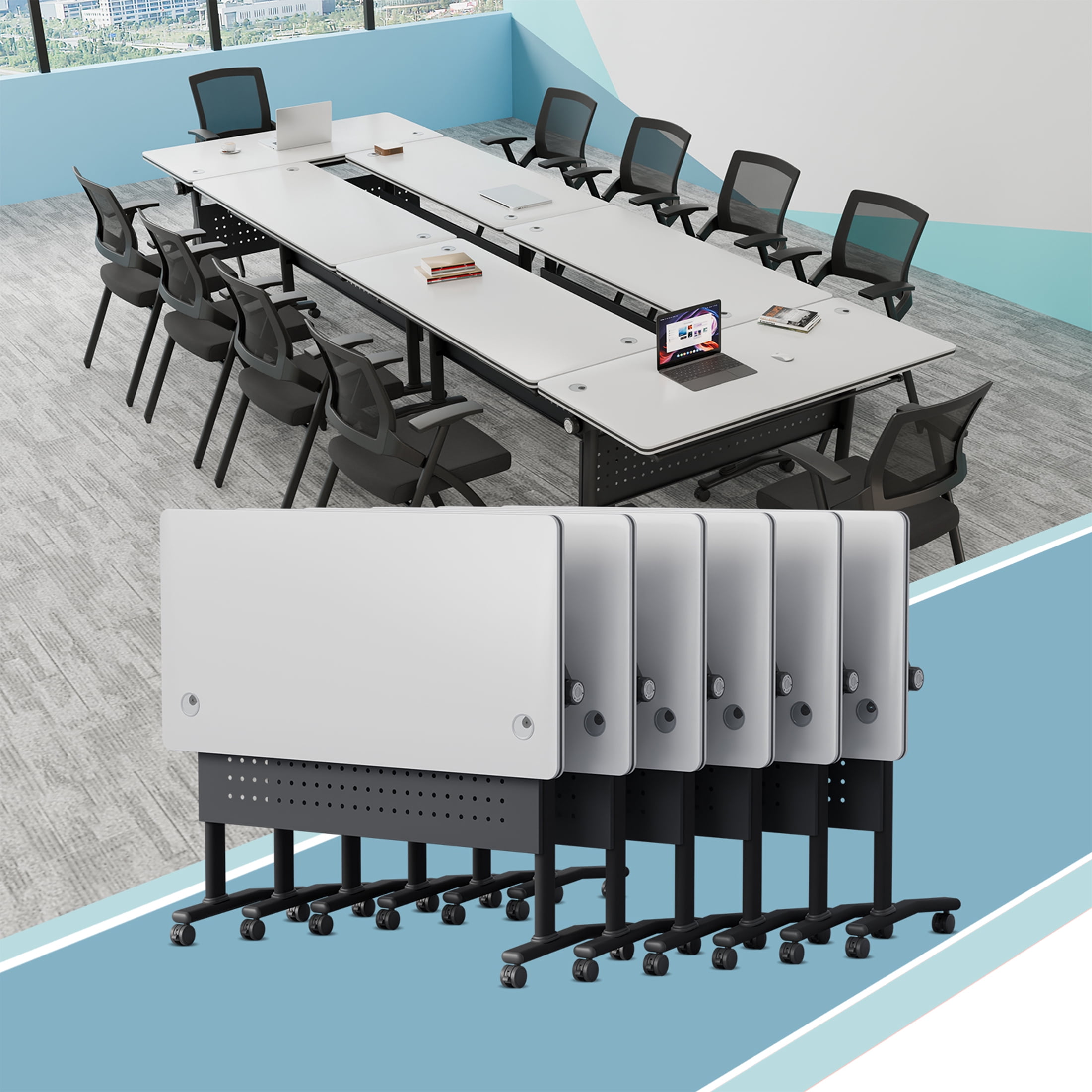 Folding Conference Table on Wheels & 2 Cable Grommets,Modular Flip Top ...